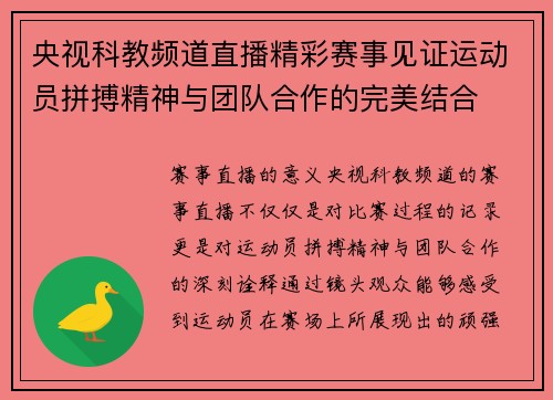 央视科教频道直播精彩赛事见证运动员拼搏精神与团队合作的完美结合