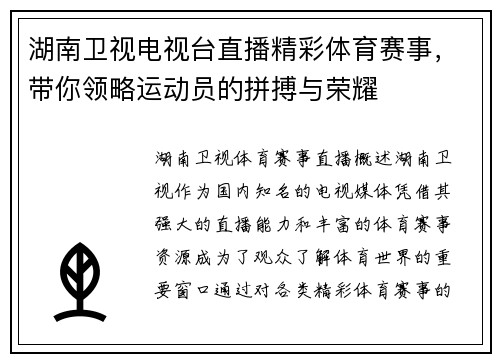 湖南卫视电视台直播精彩体育赛事，带你领略运动员的拼搏与荣耀