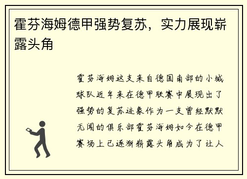 霍芬海姆德甲强势复苏，实力展现崭露头角