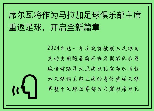 席尔瓦将作为马拉加足球俱乐部主席重返足球，开启全新篇章