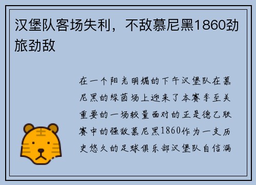 汉堡队客场失利，不敌慕尼黑1860劲旅劲敌